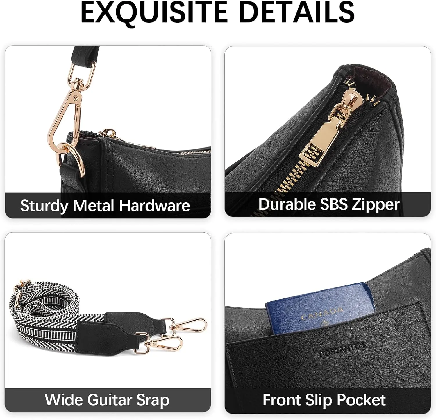 BOSTANTEN Crossbody Bags for Women Trendy Vegan Leather Hobo Handbags Fashion Shoulder Purse with Adjustable Guitar Strap