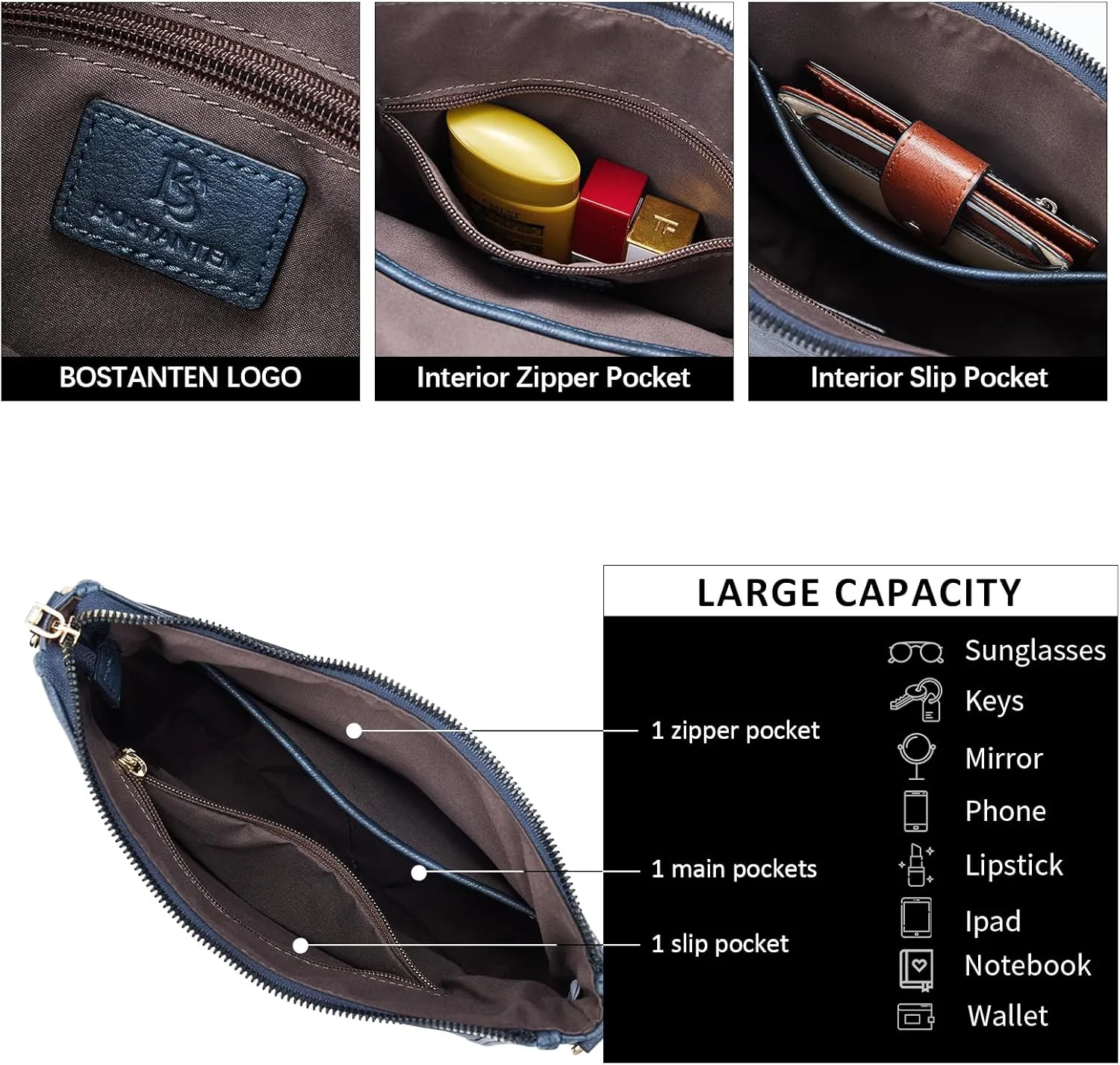 BOSTANTEN Crossbody Bags for Women Trendy Vegan Leather Hobo Purses Shoulder Handbags With Wide Shoulder Strap