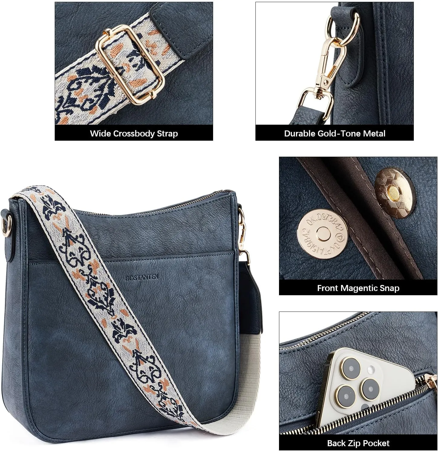 BOSTANTEN Crossbody Bags for Women Trendy Vegan Leather Hobo Purses Shoulder Handbags With Wide Shoulder Strap