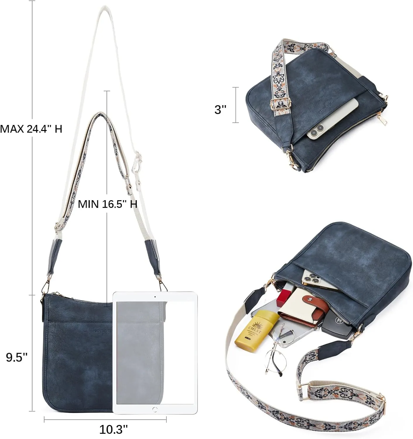 BOSTANTEN Crossbody Bags for Women Trendy Vegan Leather Hobo Purses Shoulder Handbags With Wide Shoulder Strap