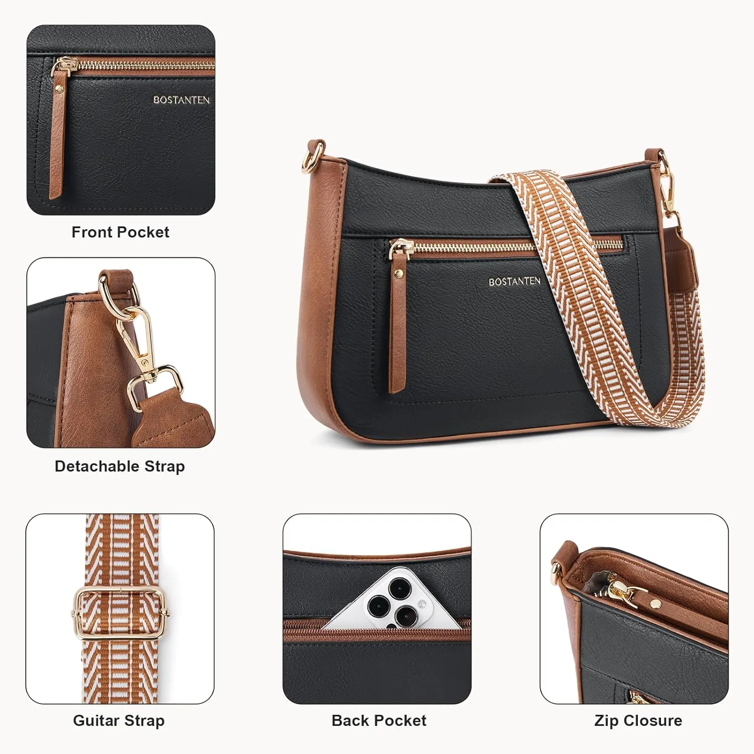 BOSTANTEN Crossbody Bags for Women Vegan Leather Hobo Purses Shoulder Handbags with Detachable Guitar Strap