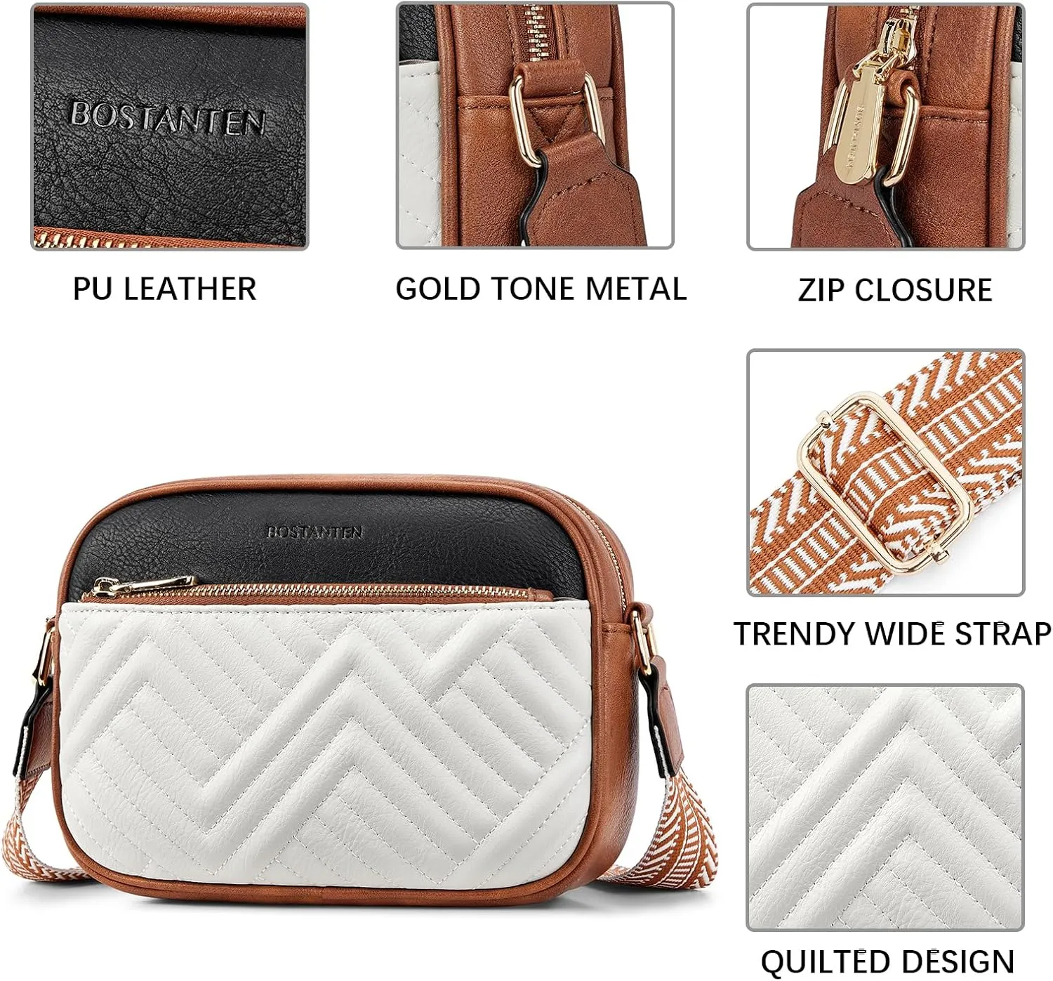 BOSTANTEN Quilted Crossbody Bags for Women Vegan Leather Purses Small Shoulder Handbags with Wide Strap