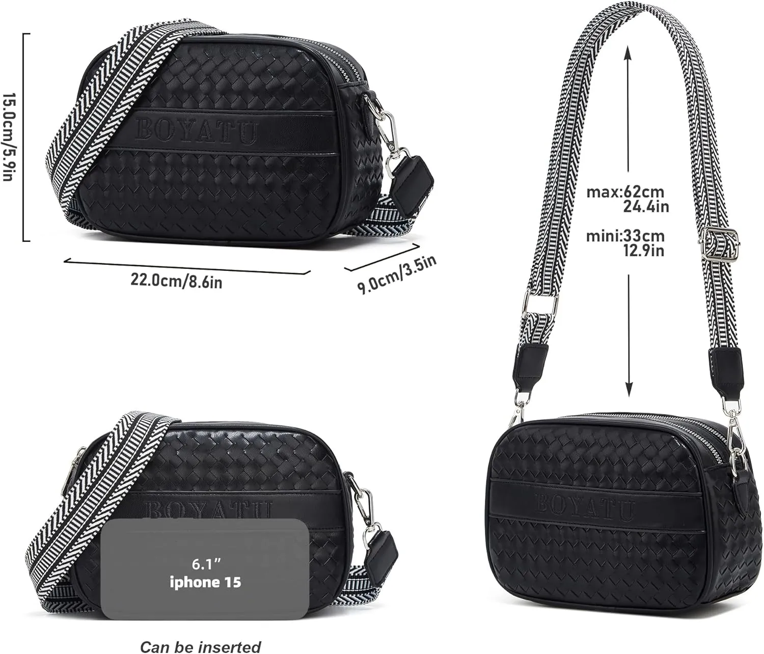 BOYATU Woven Crossbody Bag for Women: Vegan Leather Purse - Small Shoulder Bags for Ladies - Trendy Purses with Wide Strap