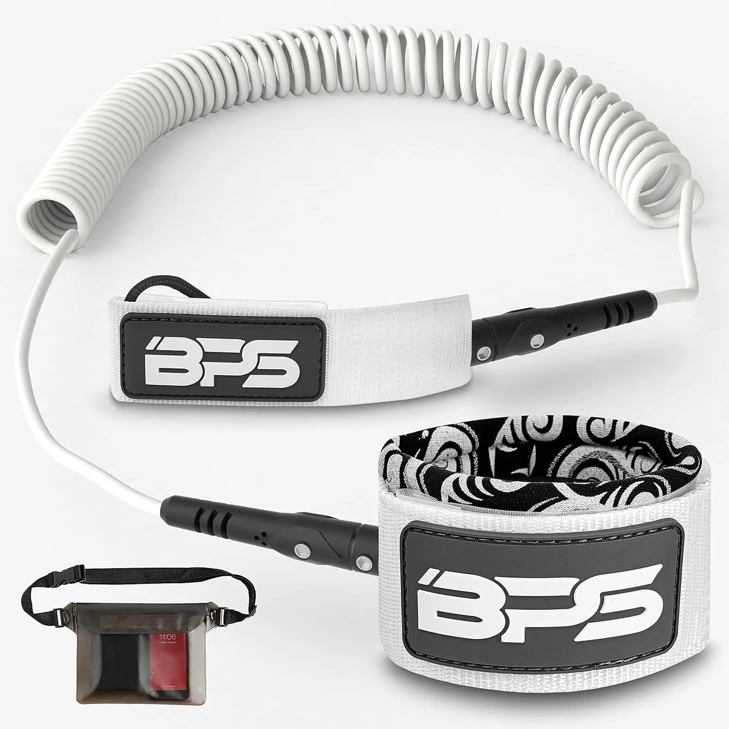BPS ‘Storm’ Premium 7.2mm Coil SUP Leash Paddleboard Ankle Leash Quick Release Tab, with Waterproof Waist Bag Longboard Surfboard Stand-up Paddleboard Accessories