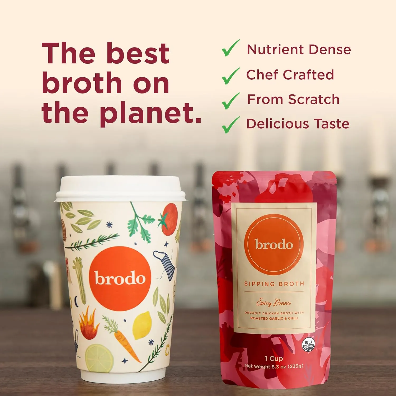 Brodo Spicy Nonna Roasted Garlic & Chili Chicken Broth Nutrient Dense, Chef Crafted Bone Broth in Single Serving Pouches Not Made From Concentrate, No Preservatives (6x 8.3oz Pouches)