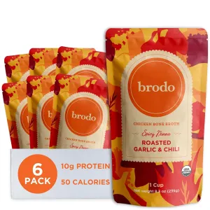 Brodo Spicy Nonna Roasted Garlic & Chili Chicken Broth Nutrient Dense, Chef Crafted Bone Broth in Single Serving Pouches Not Made From Concentrate, No Preservatives (6x 8.3oz Pouches)