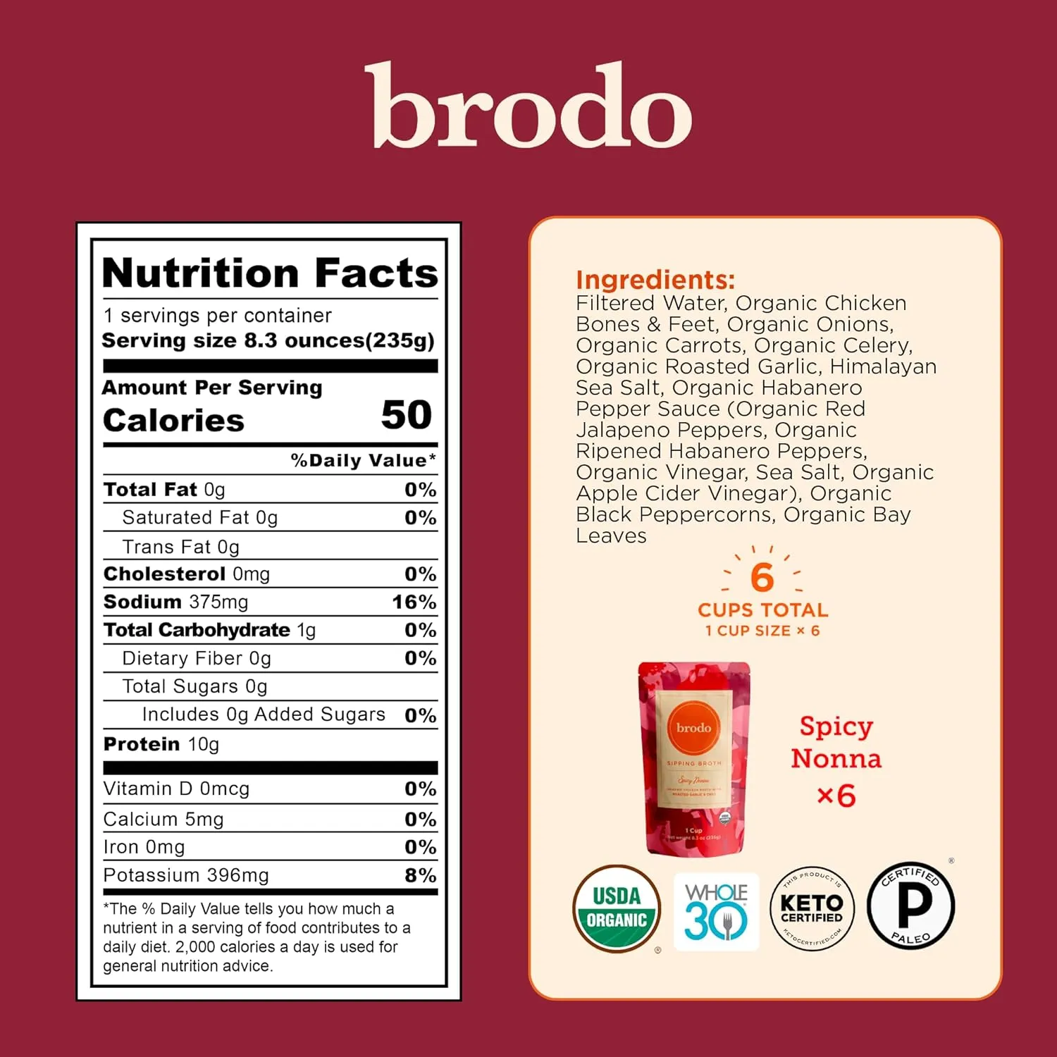Brodo Spicy Nonna Roasted Garlic & Chili Chicken Broth Nutrient Dense, Chef Crafted Bone Broth in Single Serving Pouches Not Made From Concentrate, No Preservatives (6x 8.3oz Pouches)