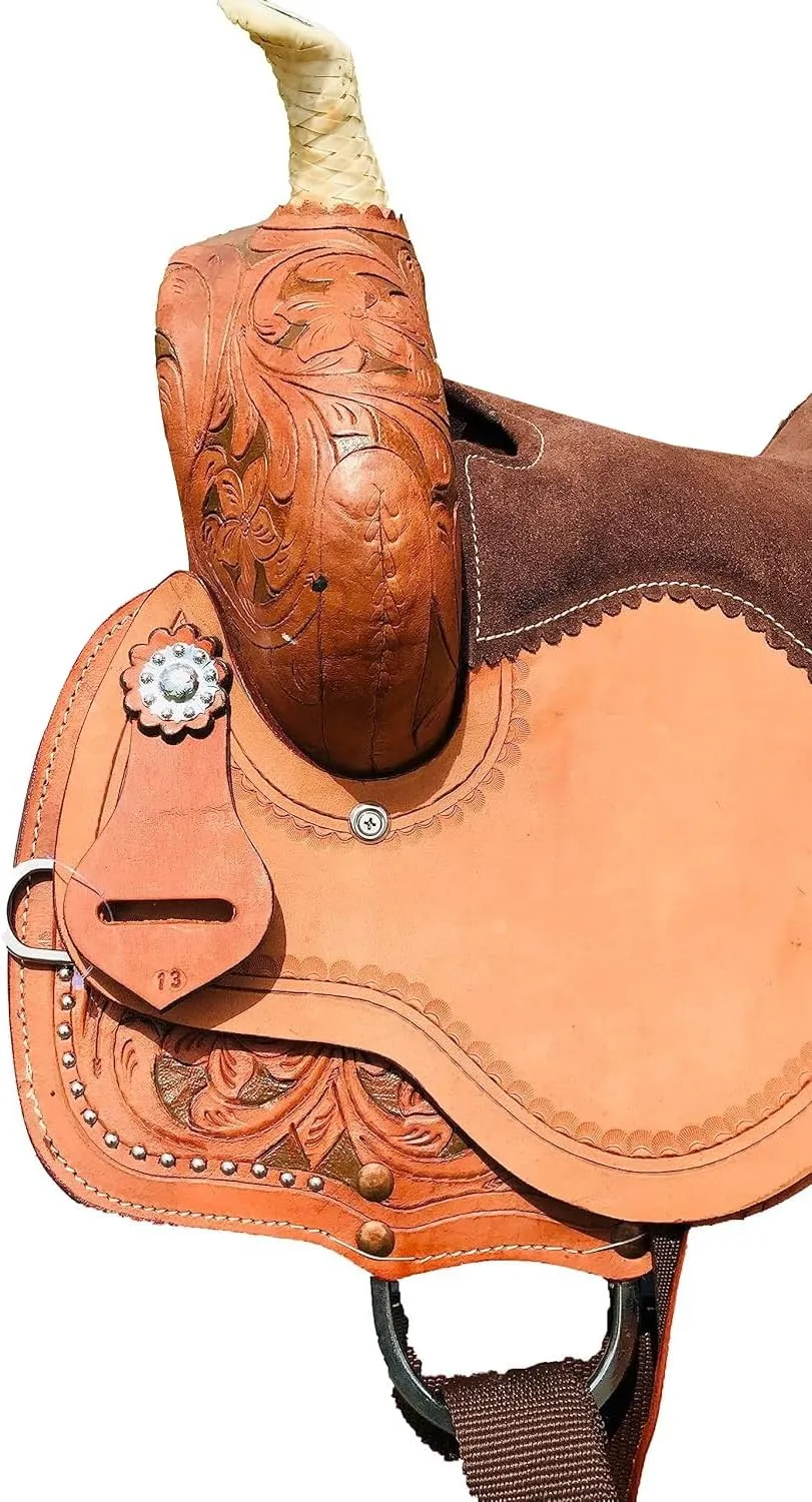 Brown Kids/Youth/Adult Western Horse Barrel Saddle Genuine Leather Floral Tooled Trail Saddle Tack Set 10" to 18" ST-219