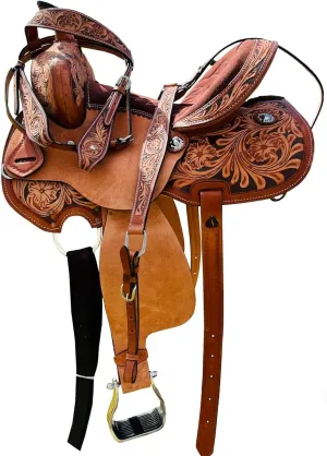Brown Kids/Youth/Adult Western Horse Barrel Saddle Genuine Leather Floral Tooled Trail Saddle Tack Set 10" to 18" ST-219