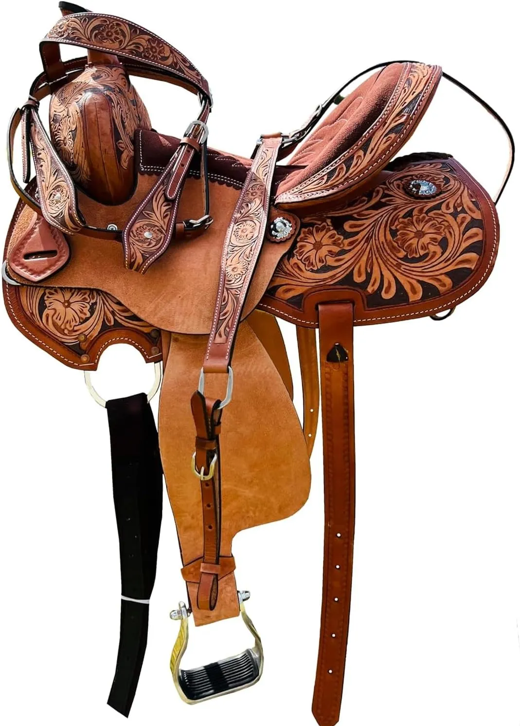 Brown Kids/Youth/Adult Western Horse Barrel Saddle Genuine Leather Floral Tooled Trail Saddle Tack Set 10" to 18" ST-219