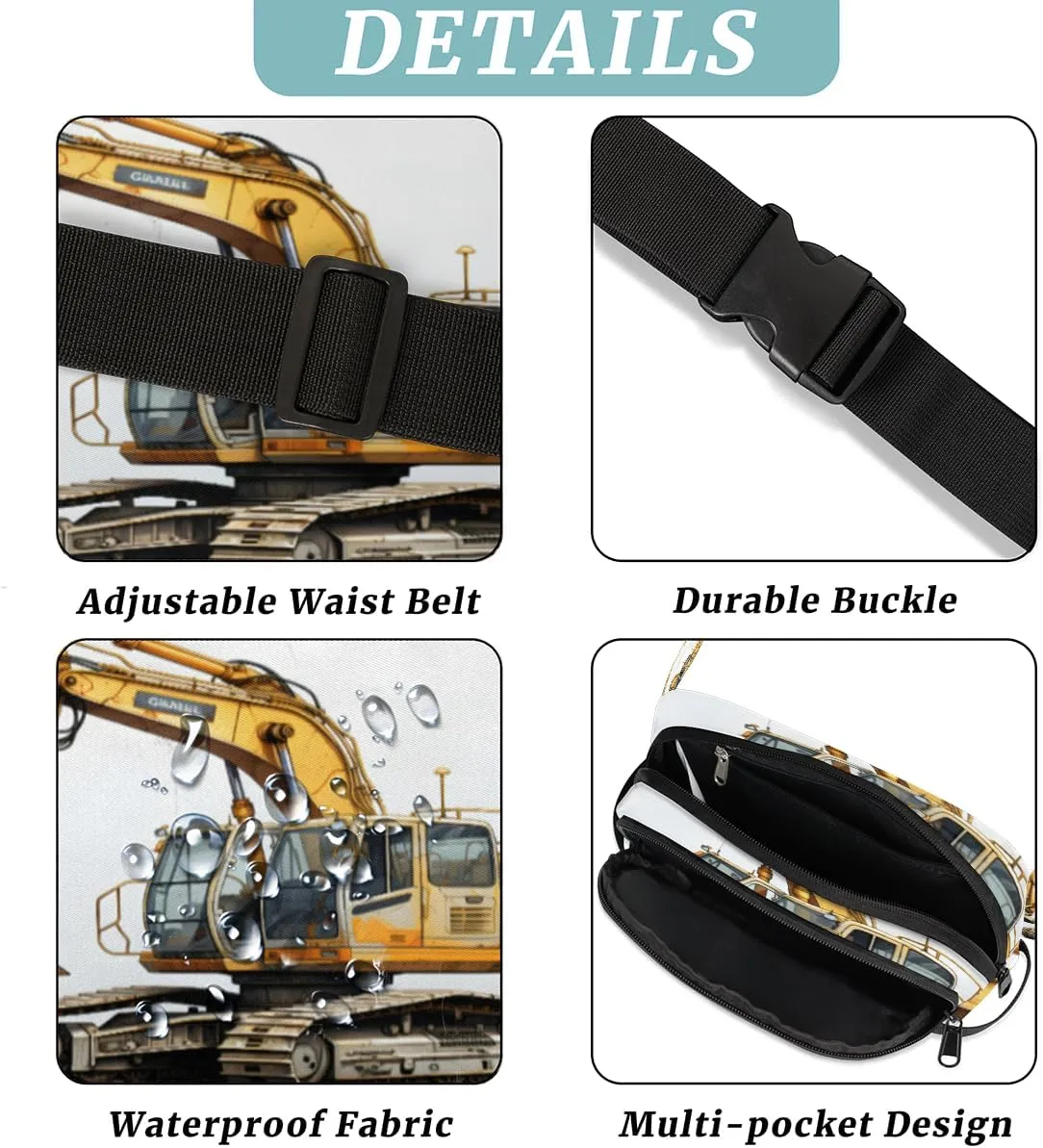 Bulldozer Construction Excavator Fanny Pack for Men Women Crossbody Waist Bag Sport Belt Bag with Multi Pockets for Travel Hiking Jogging Running