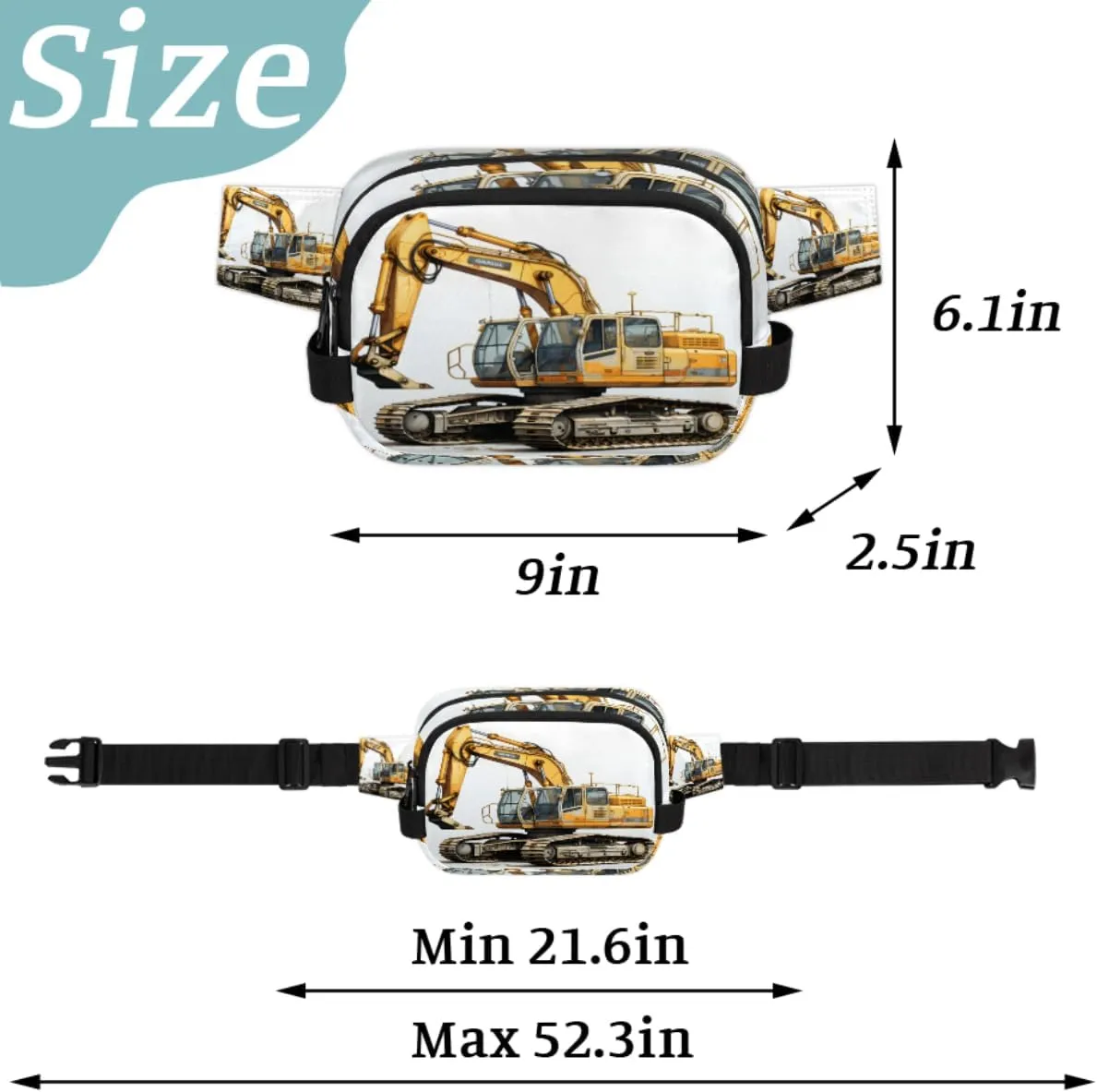 Bulldozer Construction Excavator Fanny Pack for Men Women Crossbody Waist Bag Sport Belt Bag with Multi Pockets for Travel Hiking Jogging Running