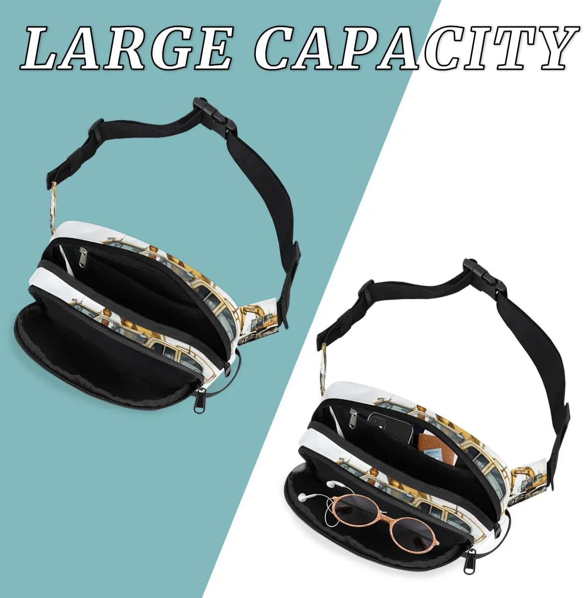 Bulldozer Construction Excavator Fanny Pack for Men Women Crossbody Waist Bag Sport Belt Bag with Multi Pockets for Travel Hiking Jogging Running