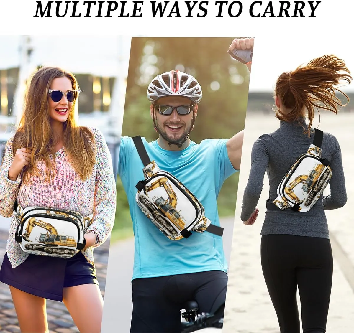 Bulldozer Construction Excavator Fanny Pack for Men Women Crossbody Waist Bag Sport Belt Bag with Multi Pockets for Travel Hiking Jogging Running