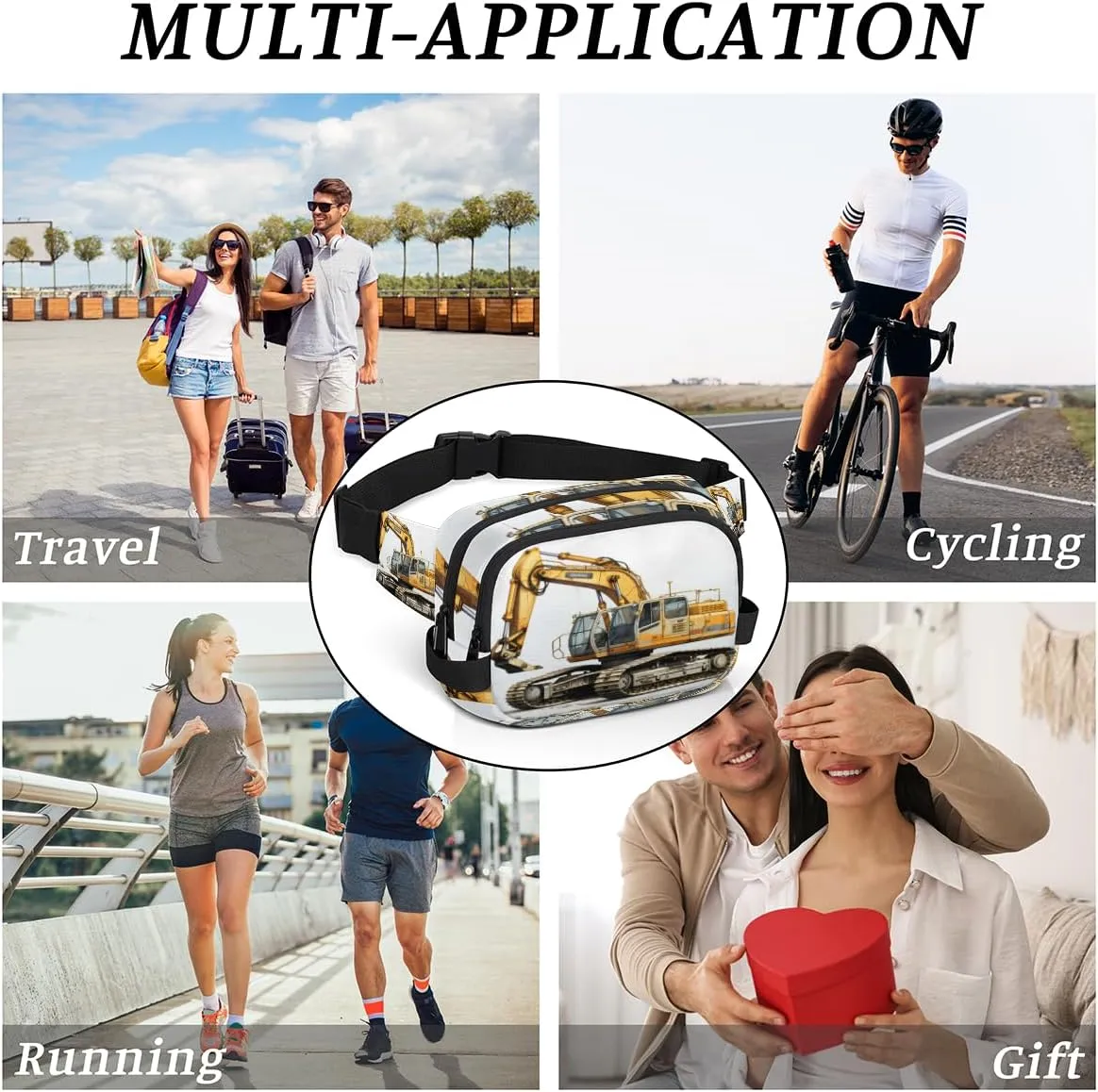 Bulldozer Construction Excavator Fanny Pack for Men Women Crossbody Waist Bag Sport Belt Bag with Multi Pockets for Travel Hiking Jogging Running