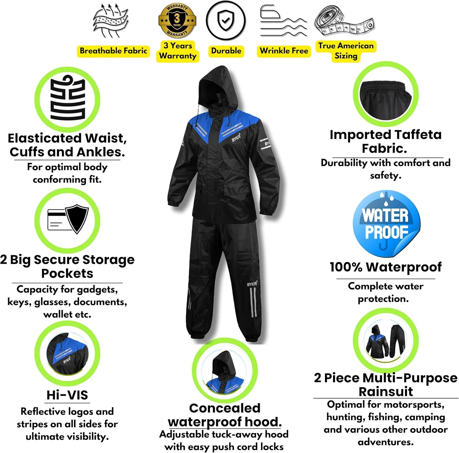 BYKR Waterproof Outdoors Motorcycle Rain Suits for Men & Women Cycling 2-Piece Breathable & Windproof Wet Weather Protection