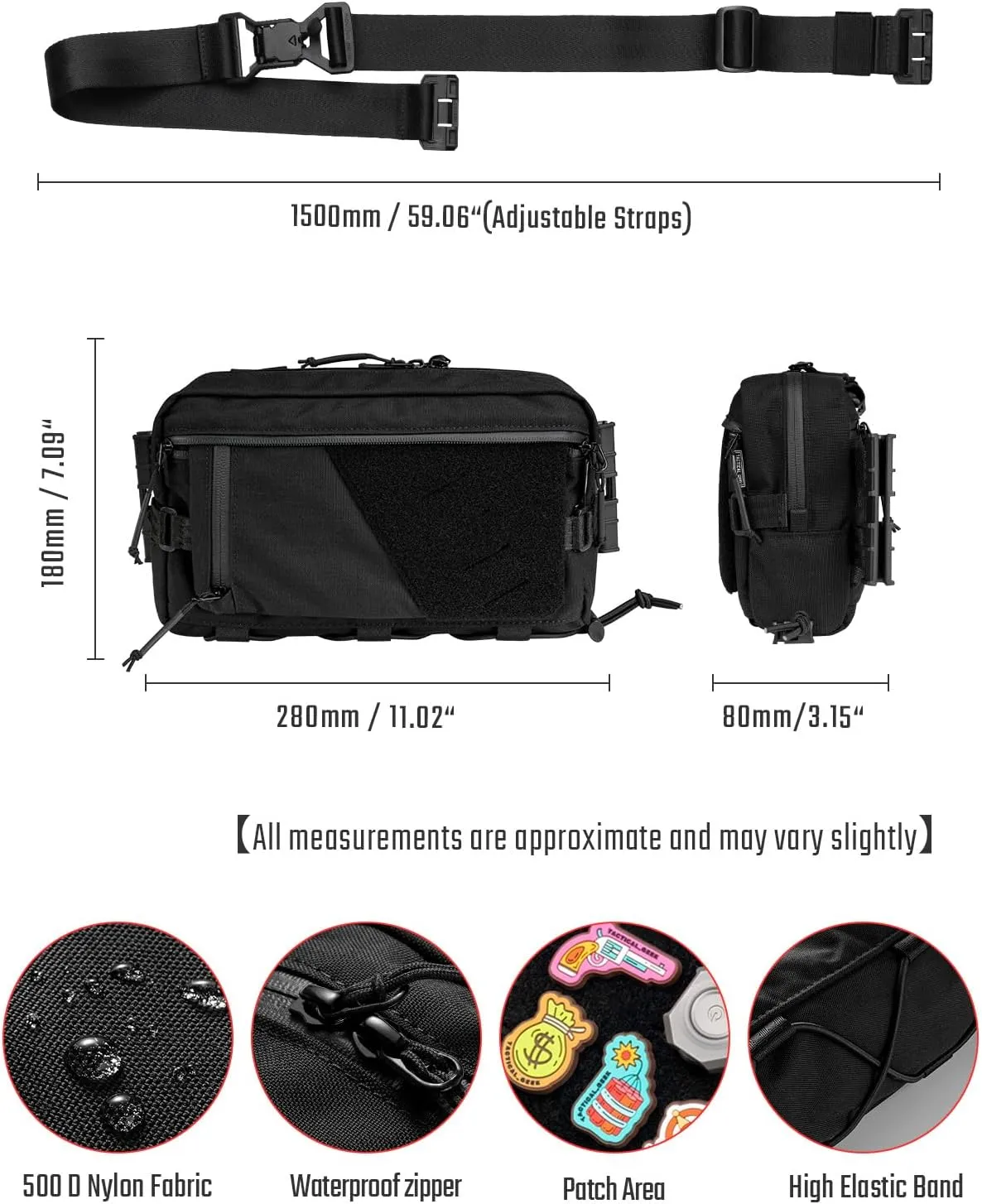 Cache L6 EDC Modular Sling Bag, Lightweight Crossbody Shoulder Bag, Travel Chest Bag, Shoulder Daypack for Everyday Carry, Casual Travel, Hiking, and Outdoor Sports （CORDURA Black）