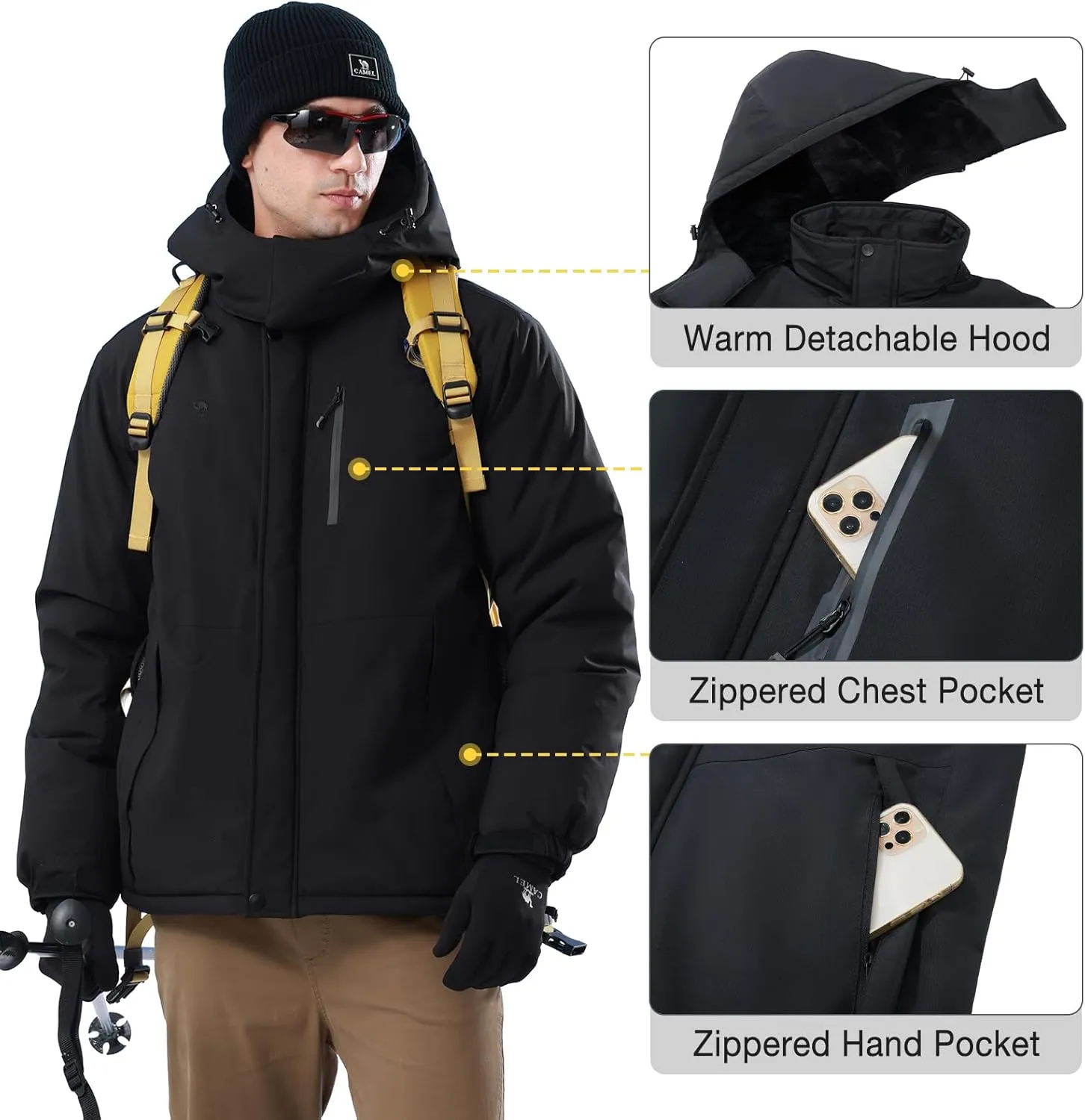 CAMEL CROWN Men's Ski Snow Jacket Waterproof Winter Snow Coat Windproof Warm Fleece Lining Hooded Parka Rain Jacket