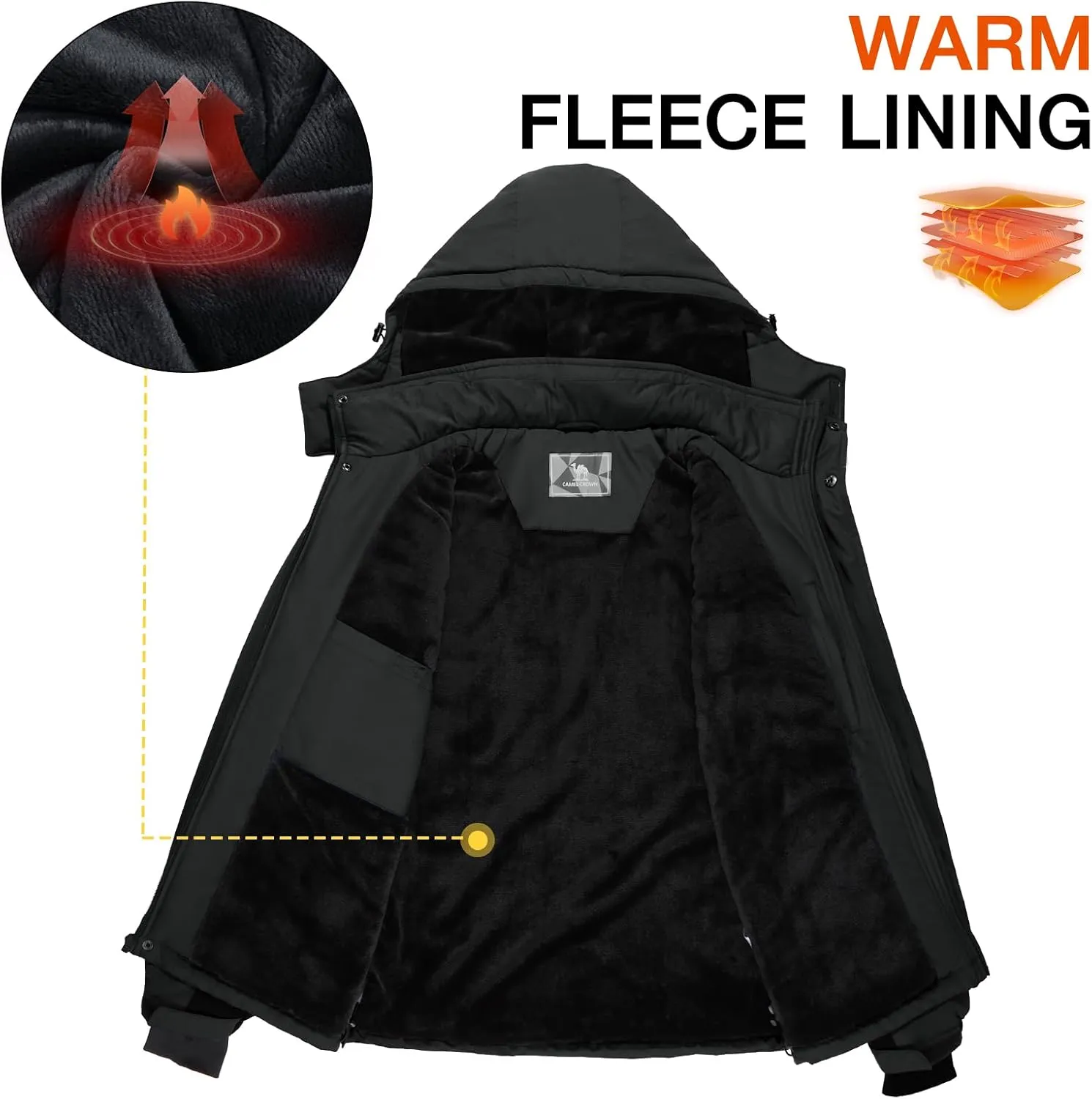 CAMEL CROWN Men's Ski Snow Jacket Waterproof Winter Snow Coat Windproof Warm Fleece Lining Hooded Parka Rain Jacket