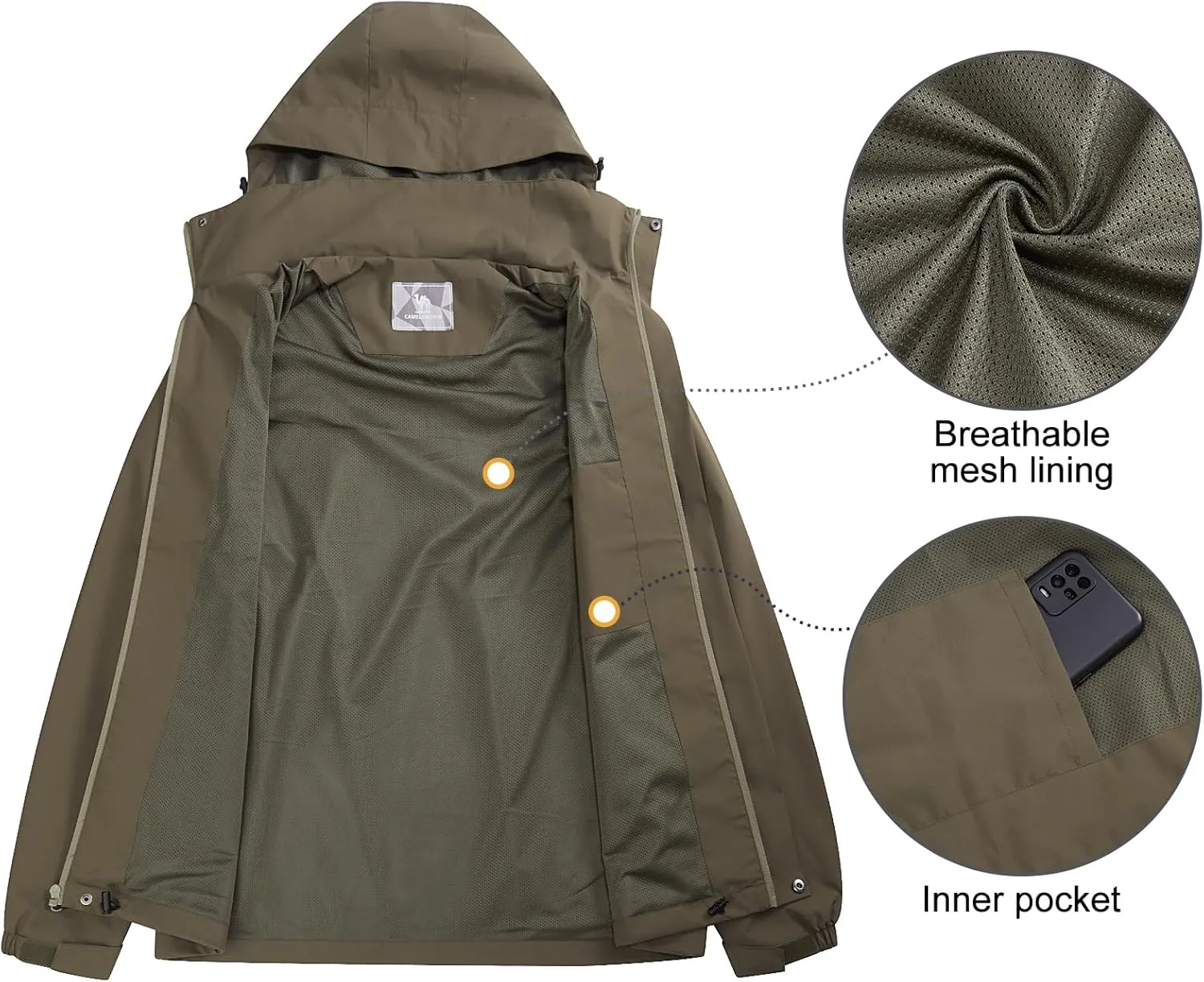 CAMEL CROWN Men's Waterproof Jacket Rain Coat Windbreaker Hooded for Outdoor Hiking Climbing Traveling