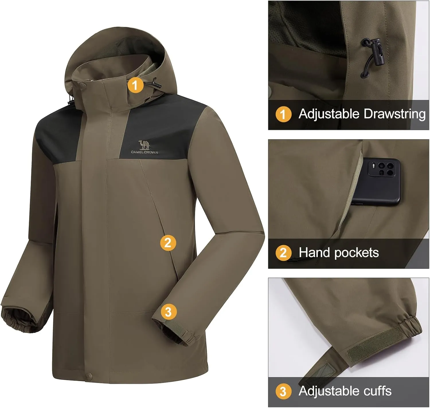 CAMEL CROWN Men's Waterproof Jacket Rain Coat Windbreaker Hooded for Outdoor Hiking Climbing Traveling