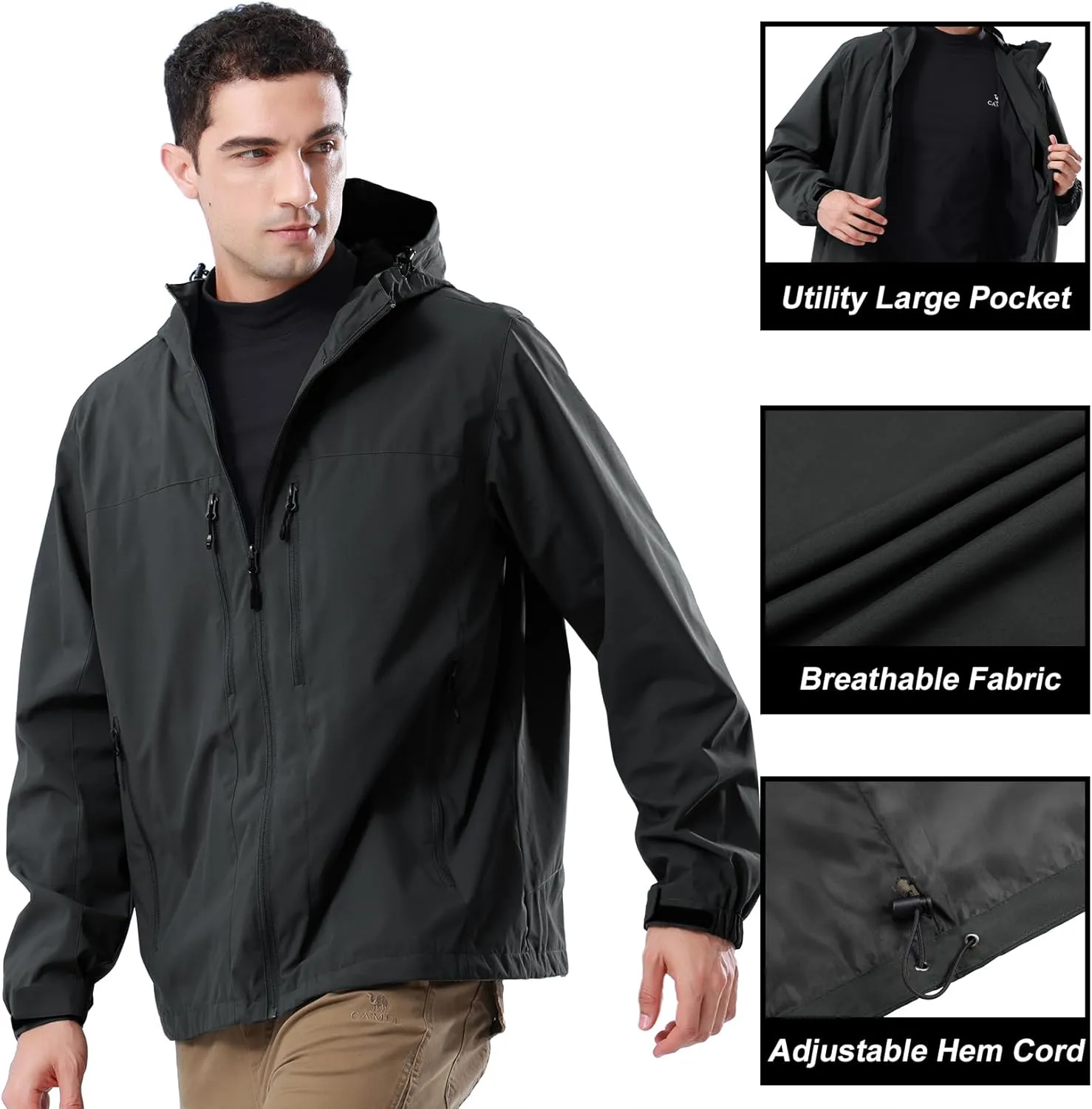 CAMEL CROWN Men's Waterproof Softshell Jacket Lightweight Windbreaker Hooded Rain Coat For Outdoor Hiking