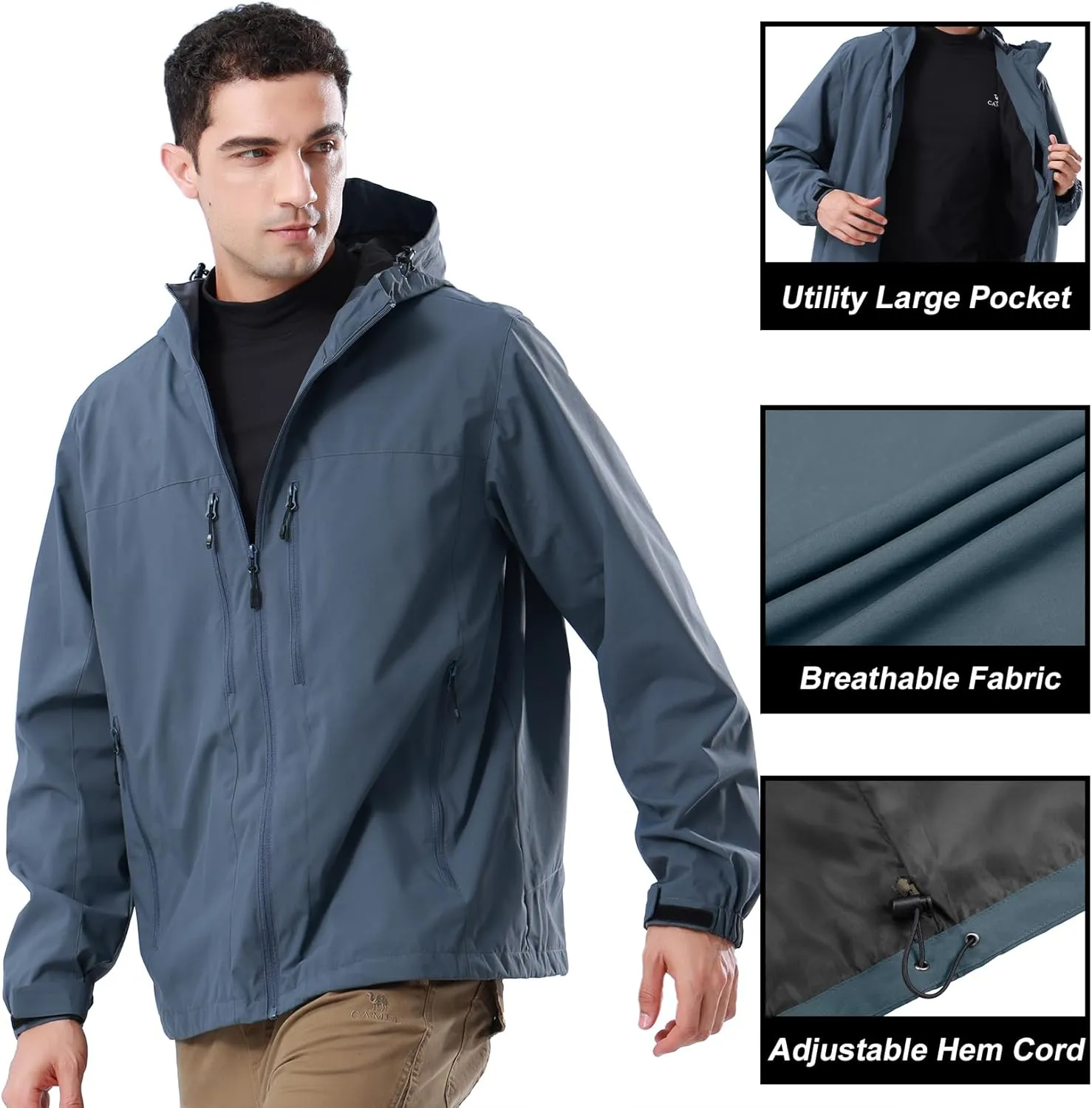 CAMEL CROWN Men's Waterproof Softshell Jacket Lightweight Windbreaker Hooded Rain Coat For Outdoor Hiking