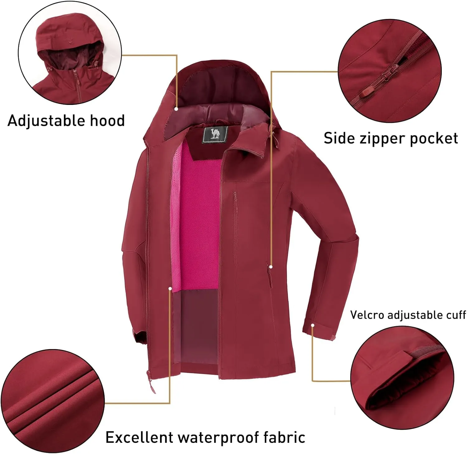 CAMEL CROWN Women's Waterproof Windbreaker Jacket, Lightweight Wind-Resistant Hiking Coat