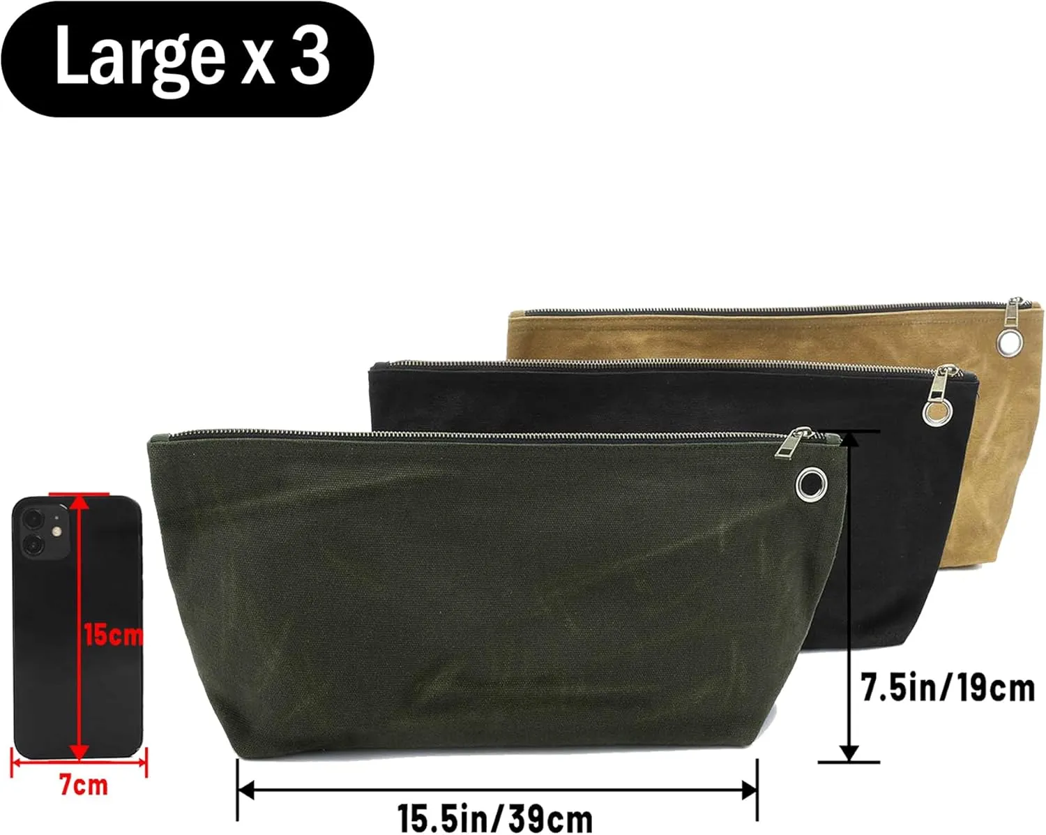 Canvas Tool Pouch Set, 16OZ Waxed Canvas Tool Storage Bags, Standable One-Piece Tool Organization Pouch - 3 Color Pouches with Brass Zipper & Grommet - Large - 15.5" x 7.5"