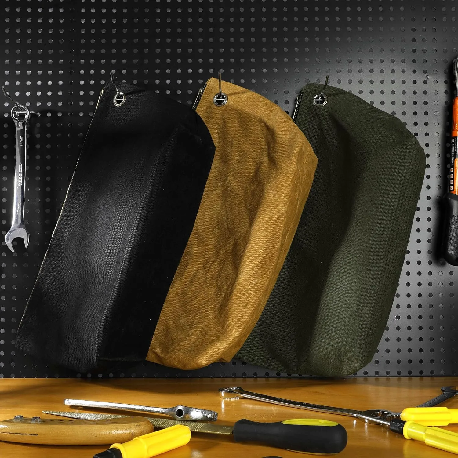 Canvas Tool Pouch Set, 16OZ Waxed Canvas Tool Storage Bags, Standable One-Piece Tool Organization Pouch - 3 Color Pouches with Brass Zipper & Grommet - Large - 15.5" x 7.5"