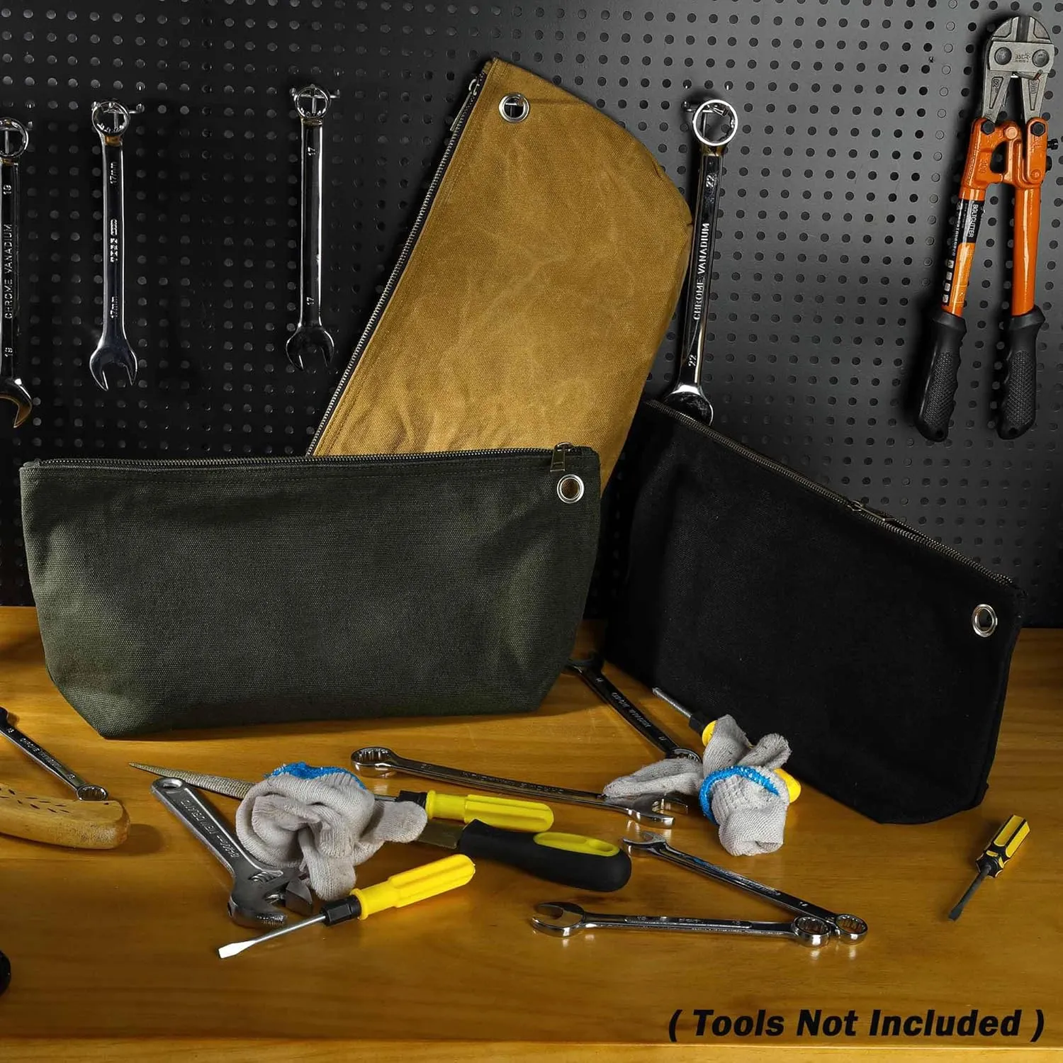 Canvas Tool Pouch Set, 16OZ Waxed Canvas Tool Storage Bags, Standable One-Piece Tool Organization Pouch - 3 Color Pouches with Brass Zipper & Grommet - Large - 15.5" x 7.5"