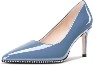 Castamere Women Beaded Pumps Pointed Toe Slip on Stiletto Mid Heels Basic Classic Dress Party Patent Leather 3.2 Inches Heels