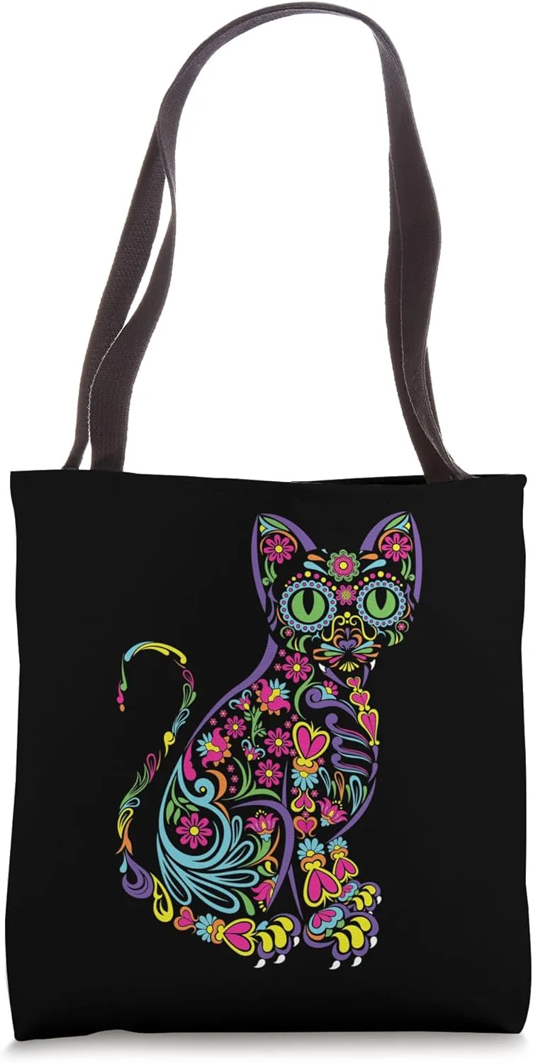 Cat Sugar Skull Dia De Los Muertos Cute Mexican Day Of Dead Tote Bag
