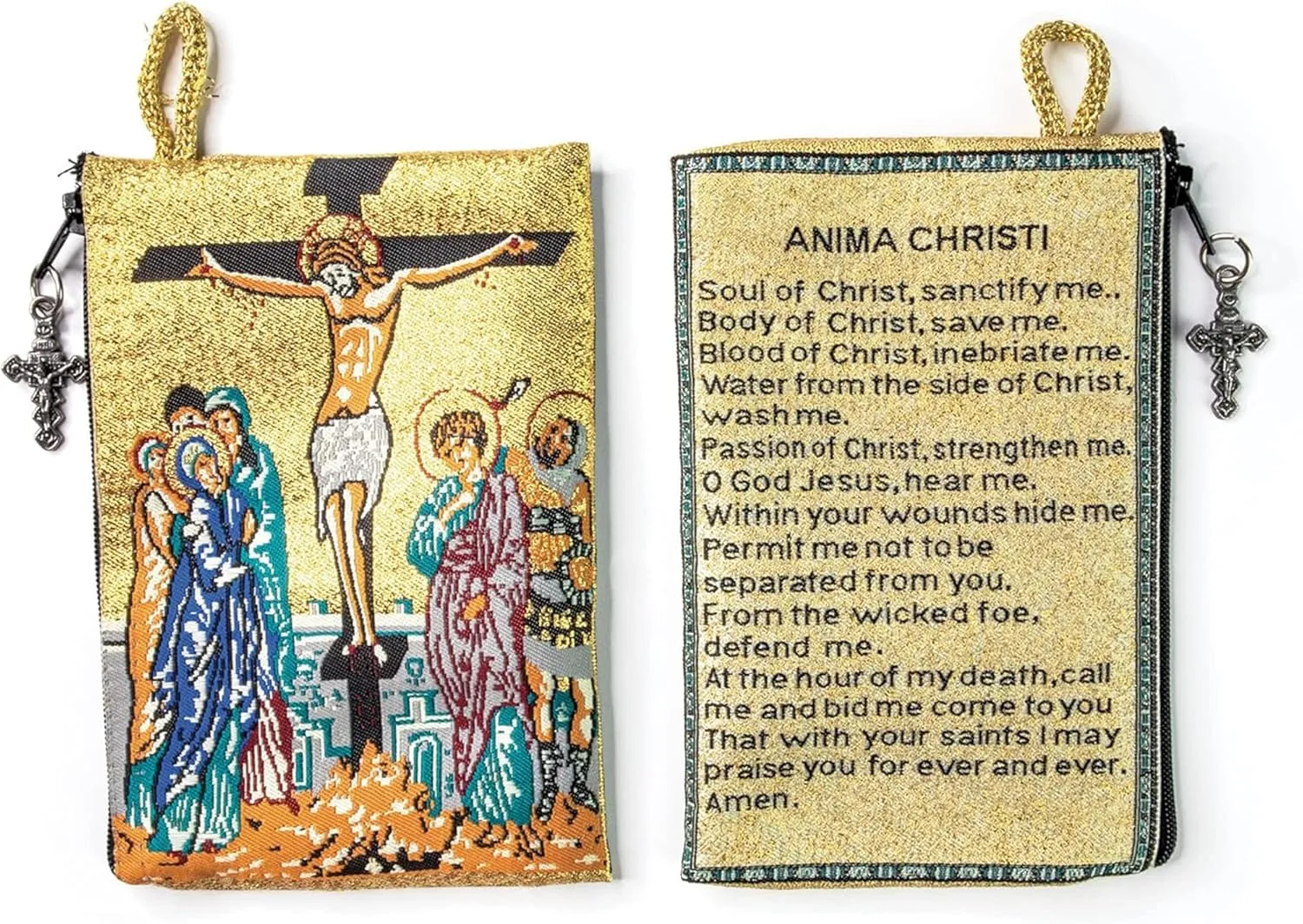 Catholic Rosary Pouch – Woven Tapestry Crucifixion & Anima Christi Soul of Christ Prayer Purse From The Holy Land - Coin & Rosary Case w/Cross Pendant Zipper - Catholic Gifts for Women (4" x 6")