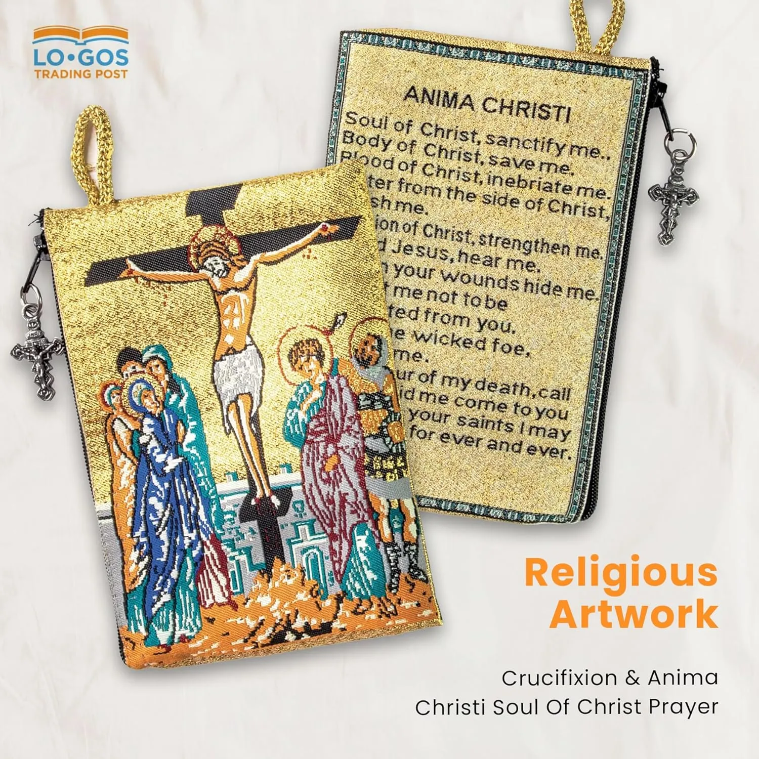 Catholic Rosary Pouch – Woven Tapestry Crucifixion & Anima Christi Soul of Christ Prayer Purse From The Holy Land - Coin & Rosary Case w/Cross Pendant Zipper - Catholic Gifts for Women (4" x 6")