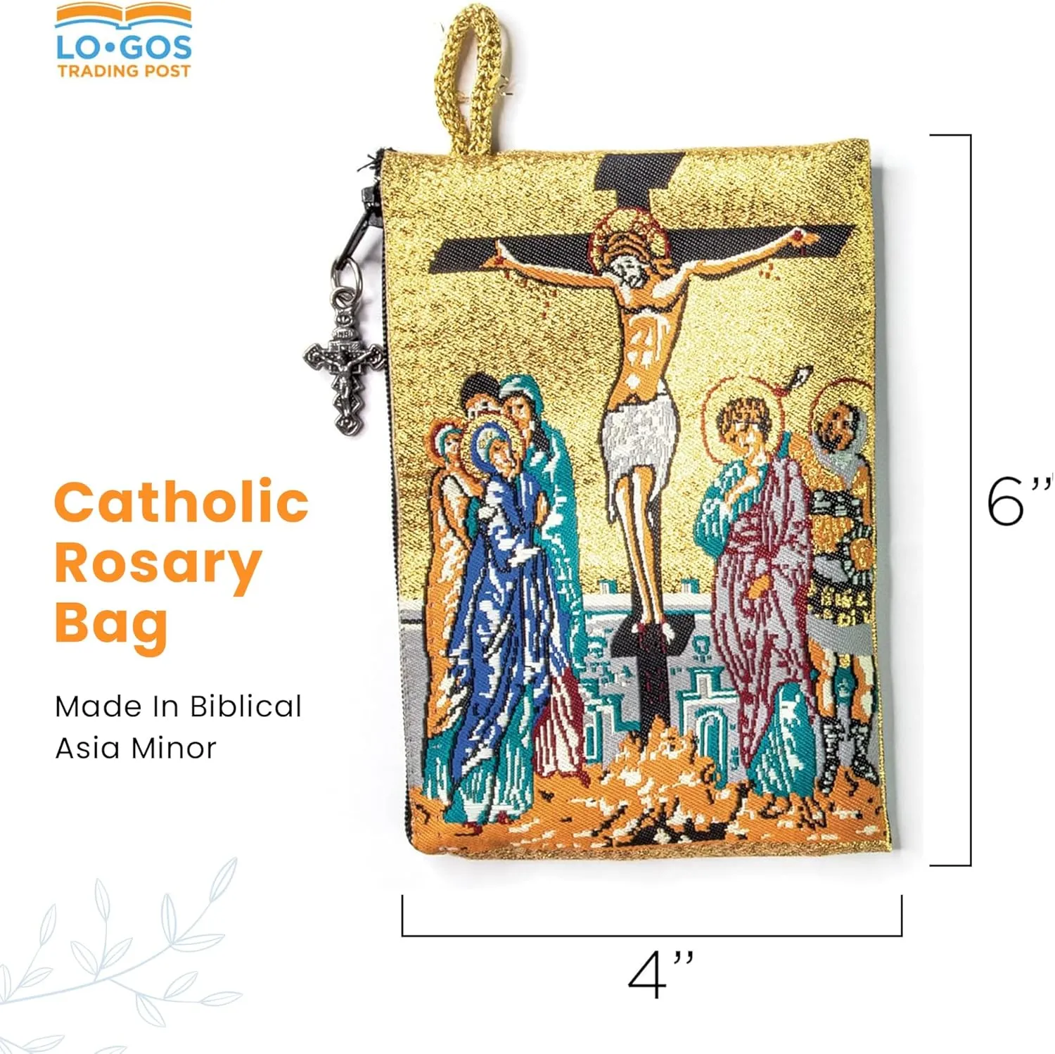 Catholic Rosary Pouch – Woven Tapestry Crucifixion & Anima Christi Soul of Christ Prayer Purse From The Holy Land - Coin & Rosary Case w/Cross Pendant Zipper - Catholic Gifts for Women (4" x 6")