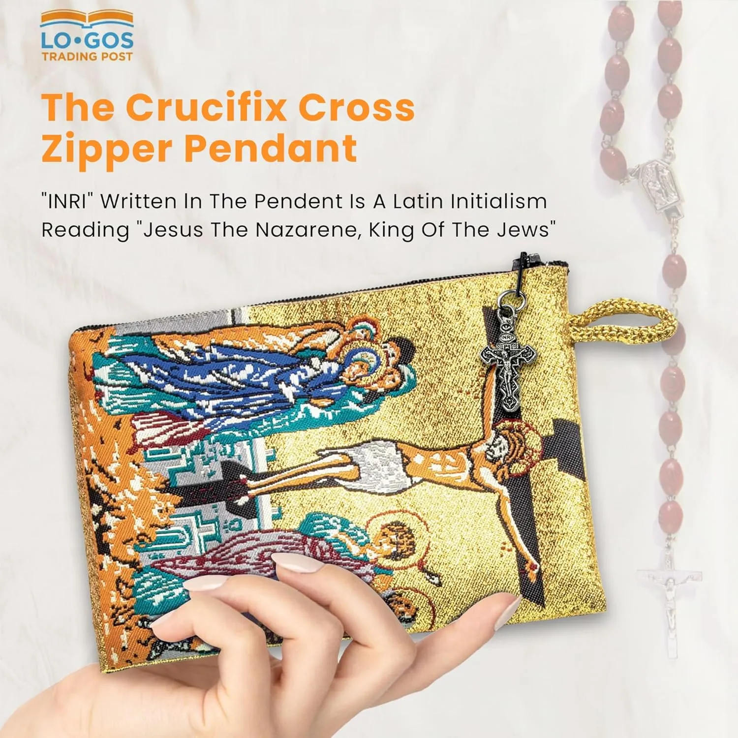 Catholic Rosary Pouch – Woven Tapestry Crucifixion & Anima Christi Soul of Christ Prayer Purse From The Holy Land - Coin & Rosary Case w/Cross Pendant Zipper - Catholic Gifts for Women (4" x 6")