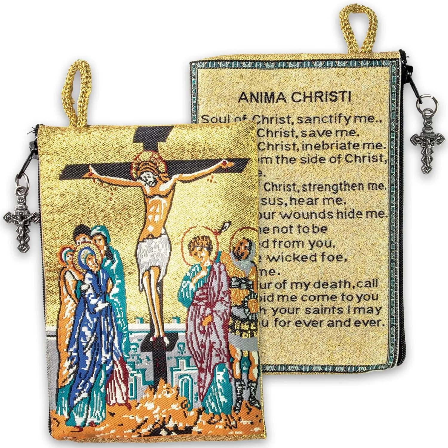 Catholic Rosary Pouch – Woven Tapestry Crucifixion & Anima Christi Soul of Christ Prayer Purse From The Holy Land - Coin & Rosary Case w/Cross Pendant Zipper - Catholic Gifts for Women (4" x 6")