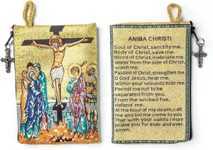 Catholic Rosary Pouch – Woven Tapestry Crucifixion & Anima Christi Soul of Christ Prayer Purse From The Holy Land - Coin & Rosary Case w/Cross Pendant Zipper - Catholic Gifts for Women (4" x 6")