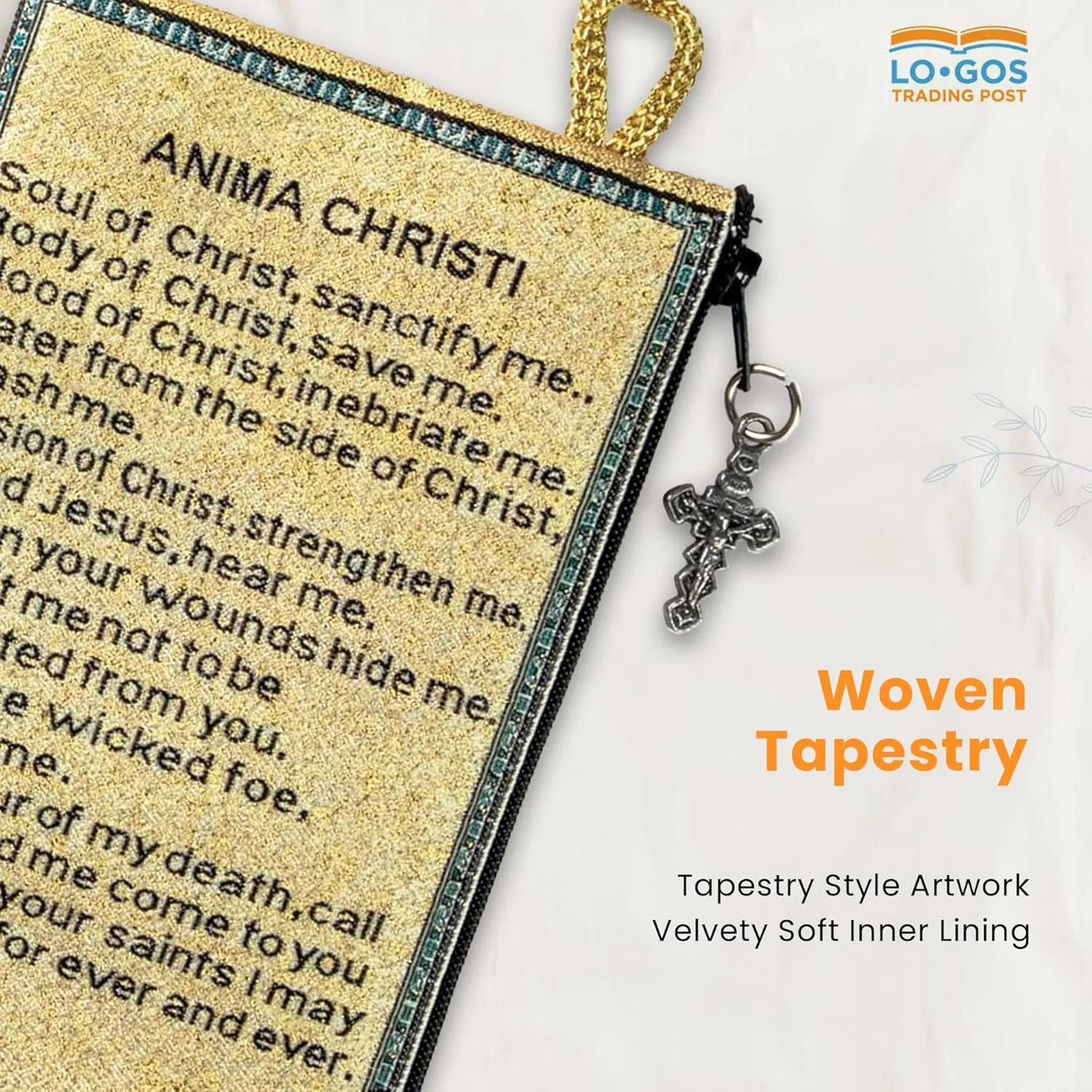 Catholic Rosary Pouch – Woven Tapestry Crucifixion & Anima Christi Soul of Christ Prayer Purse From The Holy Land - Coin & Rosary Case w/Cross Pendant Zipper - Catholic Gifts for Women (4" x 6")
