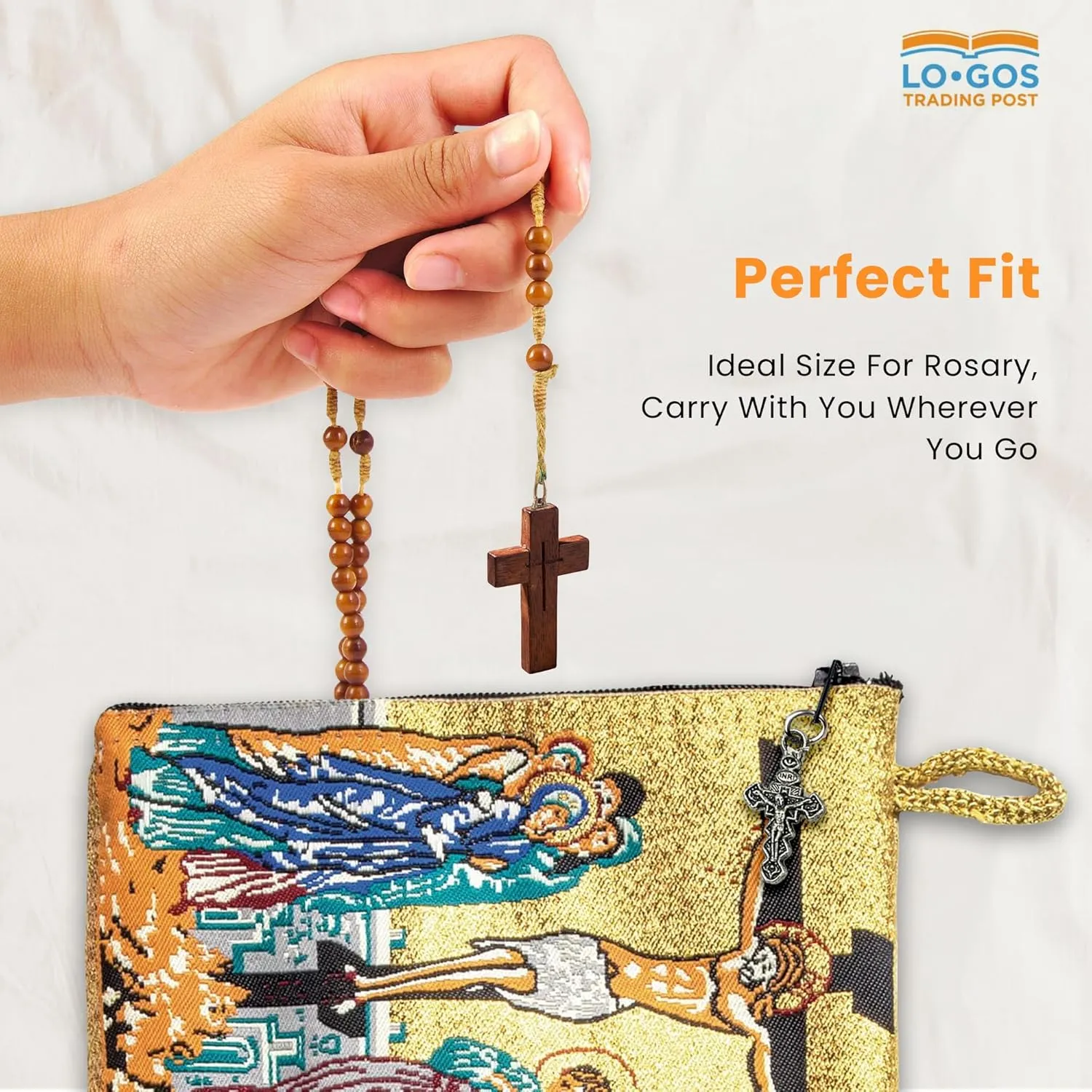 Catholic Rosary Pouch – Woven Tapestry Crucifixion & Anima Christi Soul of Christ Prayer Purse From The Holy Land - Coin & Rosary Case w/Cross Pendant Zipper - Catholic Gifts for Women (4" x 6")