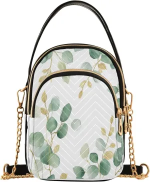 Chain Crossbody Bags for Women Botanical Eucalyptus Leaves Gold Sage Green Quilted Shoulder Handbags Travel Cross Body Cell Phone Purses Bags