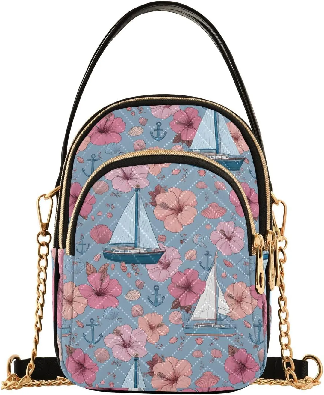 Chain Crossbody Bags for Women Sailboat Shellfish Flower Pattern Pink Quilted Shoulder Handbags Travel Cross Body Cell Phone Purses Bags