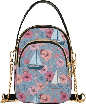 Chain Crossbody Bags for Women Sailboat Shellfish Flower Pattern Pink Quilted Shoulder Handbags Travel Cross Body Cell Phone Purses Bags