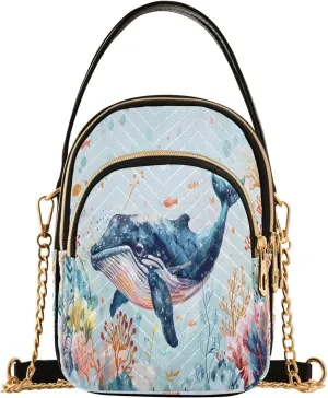Chain Crossbody Bags for Women Whale Blue Coral Seaweed Fish Quilted Shoulder Handbags Travel Cross Body Cell Phone Purses Bags