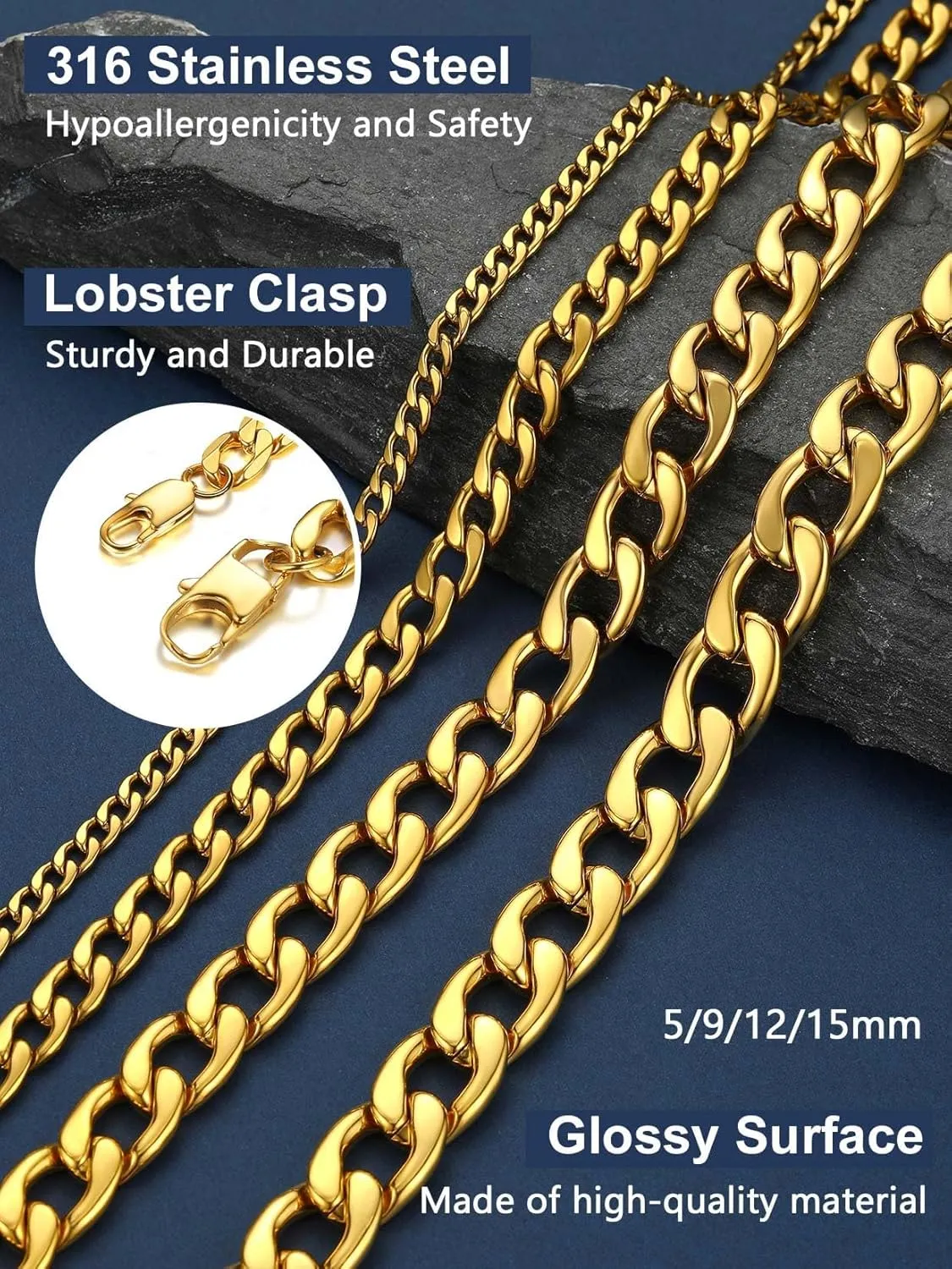 ChainsPro Cuban Link Necklace for Men, Silver/Black/Gold Plated Stainless Steel Mens Chain Necklace 5/9/12/15 MM Width,14"-30" Length Hip Hop Accessories Jewelry Gifts for Father's Day Christmas