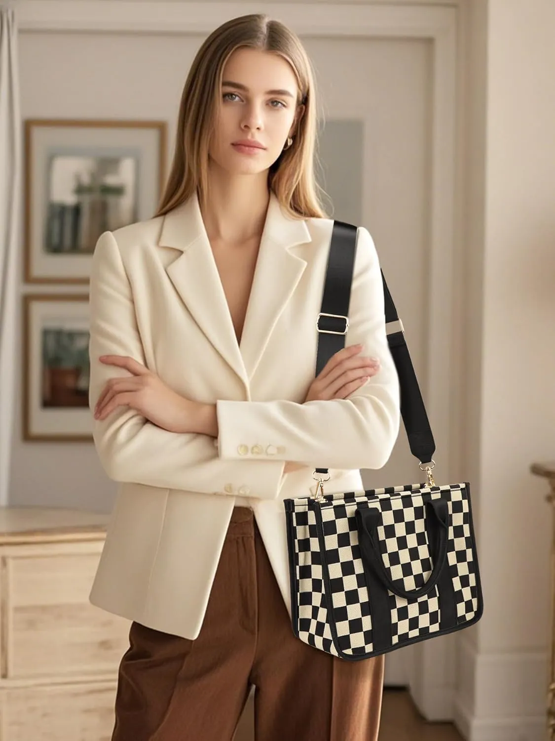 Checkered Purse,Canvas Tote Bag Checkered Crossbody Bag for Women Black and White Slouchy Shoulder Bag for Work/Travel