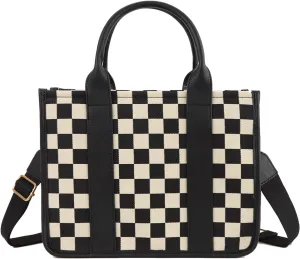Checkered Purse,Canvas Tote Bag Checkered Crossbody Bag for Women Black and White Slouchy Shoulder Bag for Work/Travel