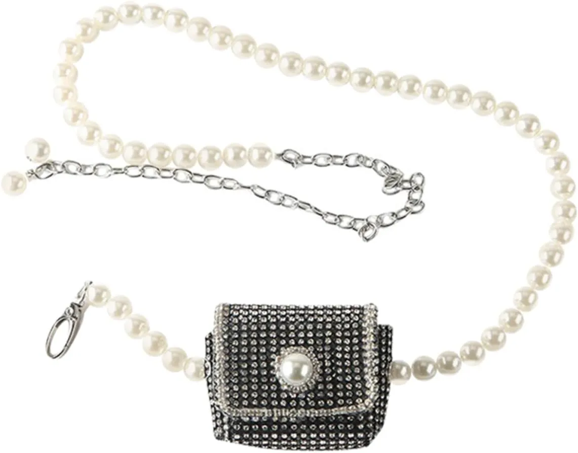 CHILDWEET pearl belt key purse pearl bag pearl bead bag belt bro for women coin wallet cross body handbag travel pouch phone wallets Chain Bag imitation pearl rhinestone key case Miss mini