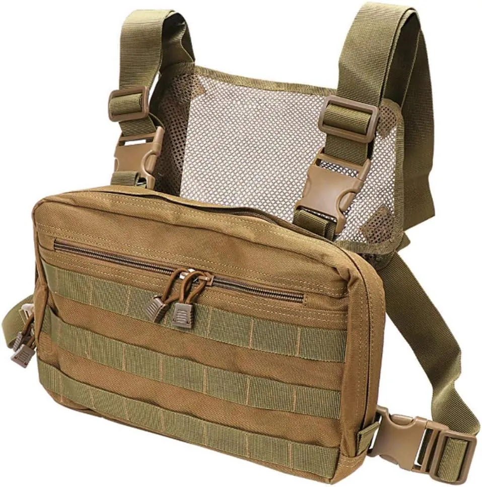 Clakllie Chest Bag Pack Vest Pouch Bag for Men Running Workouts Chest Rig Bag Radio Harness Bag with Mesh Pocket,Khaki